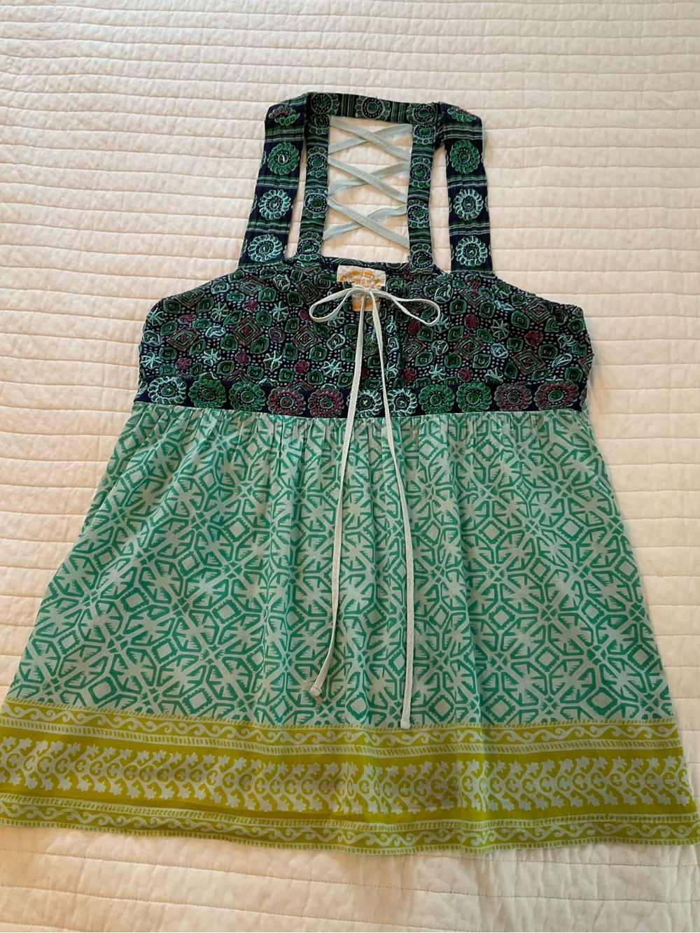 Vintage Free People Boho Smocked Babydoll Tank Top. Y2K Geometric Print